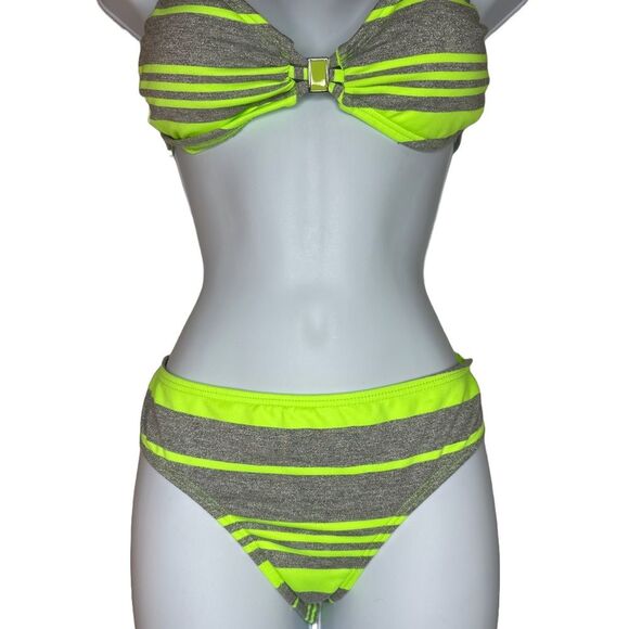 Bikini Lab Neon Green and Shimer Gray Striped Bikini size M/L - Picture 1 of 10